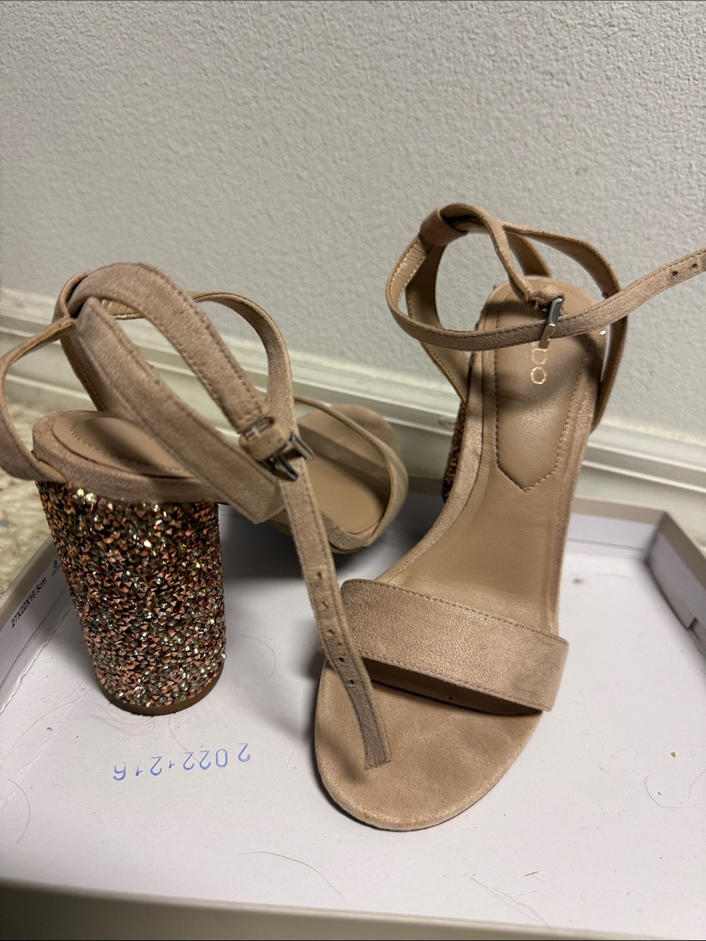 Aldo Blush Suede Ankle-Strap Heels with Glitter Block Heel